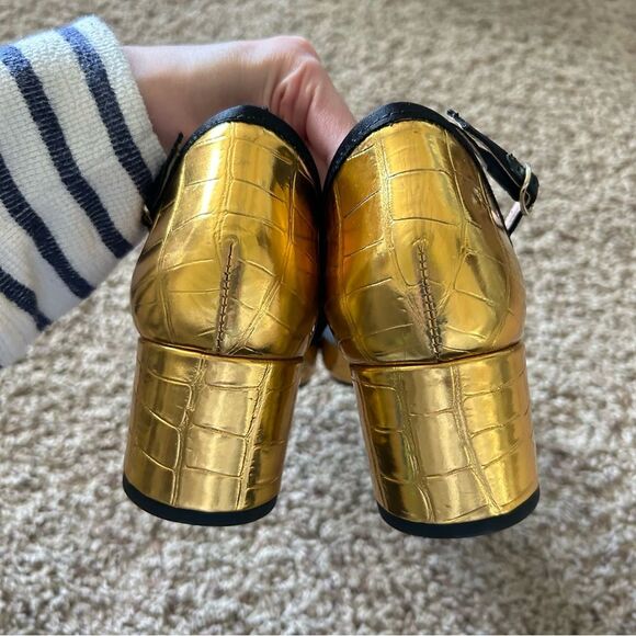 J. Crew Millie Bow Ankle Strap Heels in Metallic Croc Embossed Leather Gold 10 - Picture 5 of 12